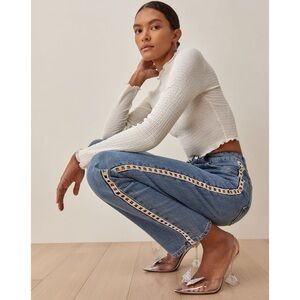 Reformation Jeans Crystal High Rise Straight Leg Embellished Full Length Size 29